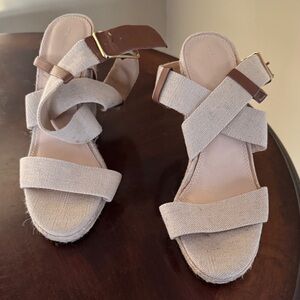 Neutral Canvas Strappy Sandals with Brown Buckle